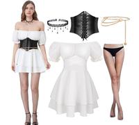 Joellfuner Vestido de Pirata, Costume Victoriano Renacentista Medievales, Disfraz Pirata Mujer con Cinturones, Cadenas de Cintura, Collares y Medias para Carnaval Halloween (Manga corta, M)