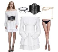 Joellfuner Vestido de Pirata, Costume Victoriano Renacentista Medievales, Disfraz Pirata Mujer con Cinturones, Cadenas de Cintura, Collares y Medias para Carnaval Halloween (Mangas largas, S)