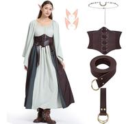 Joellfuner Vestido Medieval Mujer, Disfraz Vikinga Mujer, Disfraz de Epoca Victoriana con Tocado, Orejas de Elfo, Cinturón para Carnaval, Halloween Cosplay (M)