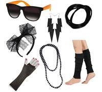 JOERBABU Diadema para el pelo, aretes de los años 80, calentadores de piernas, diadema para carnavales, celebraciones festivas, collar de cuentas de los años 80 con encaje