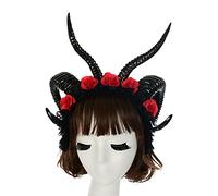 JOERBABU Diadema para el pelo, tocado de cuerno de oveja para mujer, diadema de encaje con velo de flores para fiesta de Halloween, Navidad, accesorio creativo para el cabello