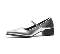 JOEupin Zapatos de tacón bajo y grueso para mujer, zapatos Mary Jane con puntera puntiaguda, correa al tobillo, tacón de bloque, zapatos formales, Plateado, 39.5 EU