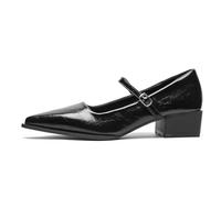 JOEupin Zapatos de tacón bajo y grueso para mujer, zapatos Mary Jane con puntera puntiaguda, correa al tobillo, tacón de bloque, zapatos formales, Negro, 35.5 EU