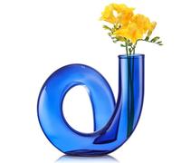 Joeyan 12CM Florero Pequeño de Vidrio, Azul Jarrones de Cristal para Centros de Mesa Modernos para na Sola Flor y Flores Secas Decorativo Geométrico el Hogar, Sala de Estar, Oficina, Jarrón Abstracto