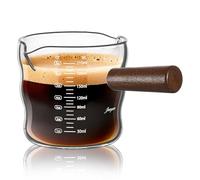 Joeyan 210ml Vaso Medidor de Vidrio Borosilicato con Mango de Madera,Jarra para Leche 7oz con Escala, Taza de Expresso con Pico Vertedor Doble en V,Measuring Cup para Cóctel Café Matcha, Accesorio Bar