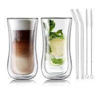 Joeyan 400ml Tazas de Café de Cristal Grande, Juego de 2 Tazas de Vidrio Borosilicato, Vaso Termico Frio de Doble Pared Transparente,para Té,Cerveza,Agua,Latte,Leche,Cappuccino,Macchiato,Sidra