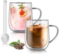 Joeyan 450ml Tazas de Café de Cristal Grande,Juego de 2 Tazas de Vidrio Borosilicato con Asa,Vaso Termico Frio de Doble Pared Transparente,para Té,Cerveza,Agua,Latte,Leche,Cappuccino,Macchiato,Sidra