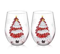 Joeyan 560ml Copas de Vino Tinto de Navidad,Juego de 2 Copas sin Pie con Árbol de Navidad Rojo y Copos de Nieve Pintados a Mano,Cristal Vajillas para Fiestas, Regalos para Hombres, Mujeres y Familias