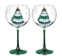 Joeyan 580ml Grandes Copas de Vino Tinto de Navidad,Juego de 2 Copas Balón con Tallo para Borgoña y Gin Tonic,Acabado Cristal con Diseño Pintado a Mano-Árbol Verde & Copos,Regalo de Fiestas y Navidad