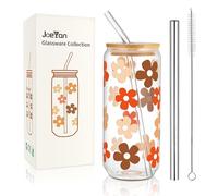 Joeyan 600ml Vaso de vidrio con tapa y pajitas de bambú, con patrón de floral, Forma de lata de cristal para café helado, té de burbujas, cerveza y batidos