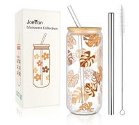 Joeyan 600ml Vaso de vidrio con tapa y pajitas de bambú, con patrón de hojas, Forma de lata de cristal para café helado, té de burbujas, cerveza y batidos