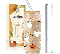 Joeyan 600ml Vasos Halloween de Cristal con Tapa y Pajita,20oz Vasos de Vidrio de Fantasmas de Calabaza,Tazas para Matcha,Café,Smoothie,Bubble Tea,Cerveza,Regalo Decoración Fiesta Para Amigos Colegas