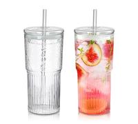 Joeyan 650 ml Vaso de Vidrio con Tapa y Pajita,Juego de 2, Vasos de Agua para Café Batidos Jugos,Borosilicato Taza de Té Bubble Tea Cup Transparente Estriados Estilo Origami,Apto para lavavajillas