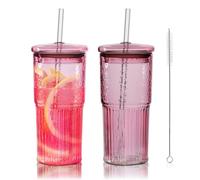 Joeyan 650ml Vaso de Vidrio Borosilicato con Tapa y Pajita, Set de 2 Vasos de Agua Rosa Estriados Estilo Origami, Grand Tazas de Vidrio para Bubble Tea,Matcha,Café,Latte, Regalo Viaje,Oficina,Hogar