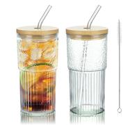 Joeyan 720ml Vaso Cristal con Pajita con Tapa de bambú,Set de 2 Grand Vasos de Agua Transparentes,Tazas de Vidrio para Bubble Tea,Matcha,Café,Latte,Batidos,Regalo Viaje,Oficina,Hogar,Apto Lavavajillas