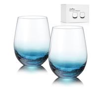 Joeyan Copa de Vino sin Tallo Grieta 560ml - Juego de 2 Azul Vasos de Vino de Cristal - Soplado a Mano Copa de Vino Tinto o Blanco para Casa, Restaurante y en Fiestas