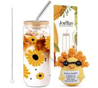 Joeyan Joan Vaso de Vidrio Girasol con Mu?eco Sol Positivo - Regalo Inspirador para Mujeres, Vaso 20oz para Café Helado con Tapa y Popote, Regalo de Cumplea?os con Apoyo Emocional para Mamá y Amiga
