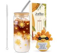 Joeyan Regalos para Niños con Diseño de Sol, 600ml Vasos de Cristal con Tapa y Pajita & Sol Tejido a Crochet con Energía Positiva, Idea de Cumpleaños para Chicos, Chicas y adolescentes de 9 a 16 años
