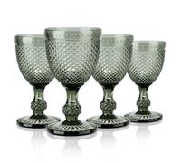 Joeyan Set de 4 Copas de Vino Vintage Gris, 270ml Copas de Vidrio con Relieve Elegantes, Juego de Copas Vino Colores Retro con Pie,para Lavavajillas,para Fiesta Boda o Bautizo