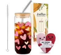 Joeyan Set de Regalo Rosa Amistad para Mejor Amiga, 600ml Vasos de Cristal con Tapa y Pajita & Diseño Corazón Tejido a Crochet,Set de Aniversario para Mejor Amiga,Regalo de Amistad para Almas Gemelas