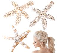 Joez Wonderful 3 pinzas para el pelo de estrella de mar, joyería de sirena con diamantes de imitación, horquillas de pelo de playa de perlas, accesorios para el cabello de estrella de mar de cristal