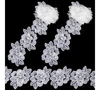 Joez Wonderful Cinta de encaje de flores de 2 yardas, perlas 3D bordadas, tela de encaje de poliéster, flores para manualidades, costura, decoración de vestidos de boda