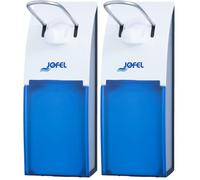 Jofel - AC12000, Dosificador de Codo con Palanca de Acero INOX, para Jabón en Gel, con Depósito Rellenable de 500 ml, Fabricado en ABS, Color Blanco y Visor Azul (Paquete de 2)