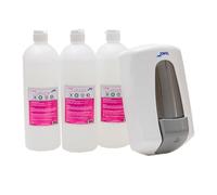 Jofel - AT30270, Pack Dosificador de Jabón Aitana Color Blanco + 3 litros de jabón en Gel champú Aloe, rellenable con Capacidad para 0.9 litros, válvula anticorrosión y antigoteo, Carcasa ABS