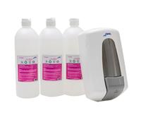 Jofel - AT30370, Pack Dosificador de Jabón Aitana Color Blanco + 3 litros de jabón en Gel Almendra, rellenable con Capacidad para 0.9 litros, válvula anticorrosión y antigoteo, Carcasa ABS
