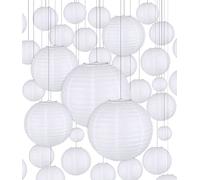 JOFLVA Farolillos de Papel 30 Piezas Linternas de Papel Blanco Colgantes 15, 20, 25, 30 cm Linternas Decorativa de Redonda para Jardín Exterior Fiesta Boda Aniversario
