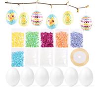 JOFONY 6 huevos de Pascua de poliestireno para colgar, huevos de lentejuelas con lentejuelas de colores, cinta de satén, huevos de Pascua para colgar, juego de manualidades para Pascua, regalo de