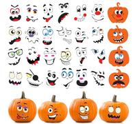 JOFONY Juego de pegatinas de calabaza de Halloween, manualidades para niños, con 24 calabazas y 24 pegatinas de cara, calabaza de Halloween para decoración de fiestas