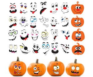 JOFONY Juego de pegatinas de calabaza de Halloween, manualidades para niños, con 24 calabazas y 24 pegatinas de cara, calabaza de Halloween para decoración de fiestas