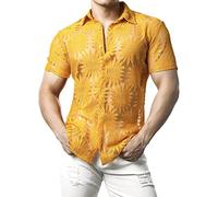 JOGAL Camisa de encaje floral transparente con botones para hombre, Amarillo, Small