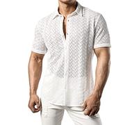 JOGAL Camisa de encaje floral transparente con botones para hombre, Blanco sucio, Large