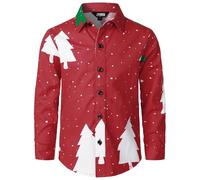 JOGAL Camisa de Navidad con estampado navideño de Papá Noel para hombre, manga larga, con botones, camisa de ocio, 12 años
