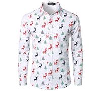JOGAL Camisa de Navidad con estampado navideño de Papá Noel para hombre, manga larga, con botones, camisa de ocio, Blanco, XXL