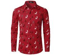 JOGAL Camisa de Navidad con estampado navideño de Papá Noel para hombre, manga larga, con botones, camisa de ocio, rojo, M