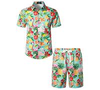 JOGAL Camisa Hawaiana de Manga Corta y Pantalones Cortos de Flamenco para Hombre, Conjunto de Playa para Verano
