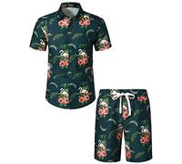 JOGAL Camisa hawaiana para hombre con flamenco, camisa de manga corta y pantalones cortos, conjunto de playa, camisa de verano para hombre, verde oscuro, M