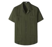 JOGAL - Camisas guayabera cubanas de manga corta para niños, camisa casual con botones para la playa, Verde Armada (ArmyGreen), 14