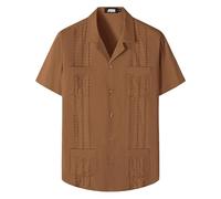 JOGAL Guayabera - Camisa de playa de manga corta para hombre, estilo cubano, informal, con botones, Marrón, Large