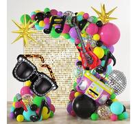 JOGAMS Decoraciones de fiesta de los años 80 y 90, 165 piezas con confeti, retro, inflable, guitarra, micrófono, radio, gafas de música, nota, estrella, discoteca, globos para volver a los años 90,