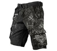 Jogging Homme - Pantalones cortos cargo de mitología nórdica para aventuras al aire libre con múltiples bolsillos, Negro , L