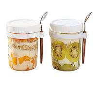 Jogoico Overnight Oats Jar, 2 Tarros de Cristal con Tapa y Cuchara, Tarros de Avena Durante la Noche, Reutilizable Porta Yogurt y Cereales Mason Jar con Medidor Para Leche Fruta (Blanco,350ml)