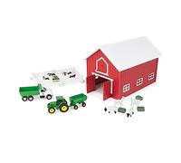 John Deere - Juguete británico de 24 piezas con animales de granja, vehículos y granero rojo (escala 1:64), granero con asa integrada para almacenamiento, juguete infantil de 3 años y +.