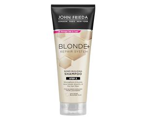 JOHN FRIEDA - Blonde+ Repair System Champú Reparador 250 ml, Paso 2 Tratamiento, Repara y Nutre el Cabello, Crea Nuevos Enlaces Capilares, Fortalece y Evita Roturas, para Cabellos Rubios