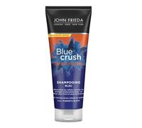 John Frieda Blue Crush Intensive Blue Shampoo 250 ml, champú tonificante para cabello castaño, champú antilatón para morenas con pigmentos azules aplastados