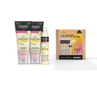 John Frieda Go Blonder Advantage Set para cabello rubio - champú, acondicionador, spray blanqueador y máscara de ojos MegRhythm - ilumina gradualmente - también para cabello tratado con color, 600 ml