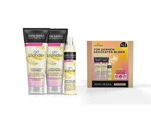 John Frieda Go Blonder Advantage Set para cabello rubio - champú, acondicionador, spray blanqueador y máscara de ojos MegRhythm - ilumina gradualmente - también para cabello tratado con color, 600 ml